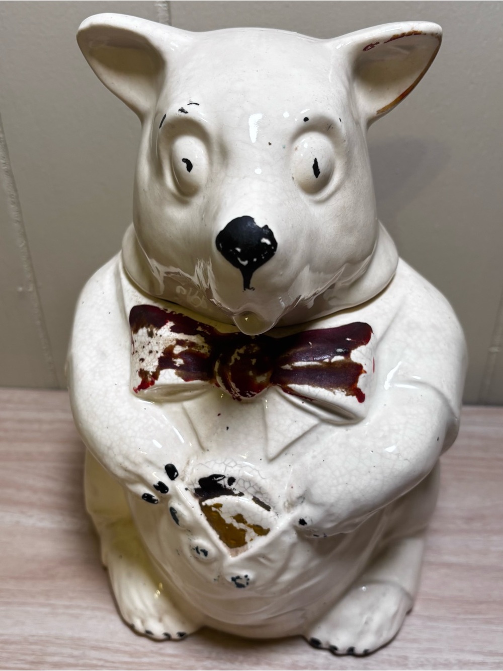 Mccoy White Ceramic Bear Cookie Jar with Red Bow tie Holding Cookie